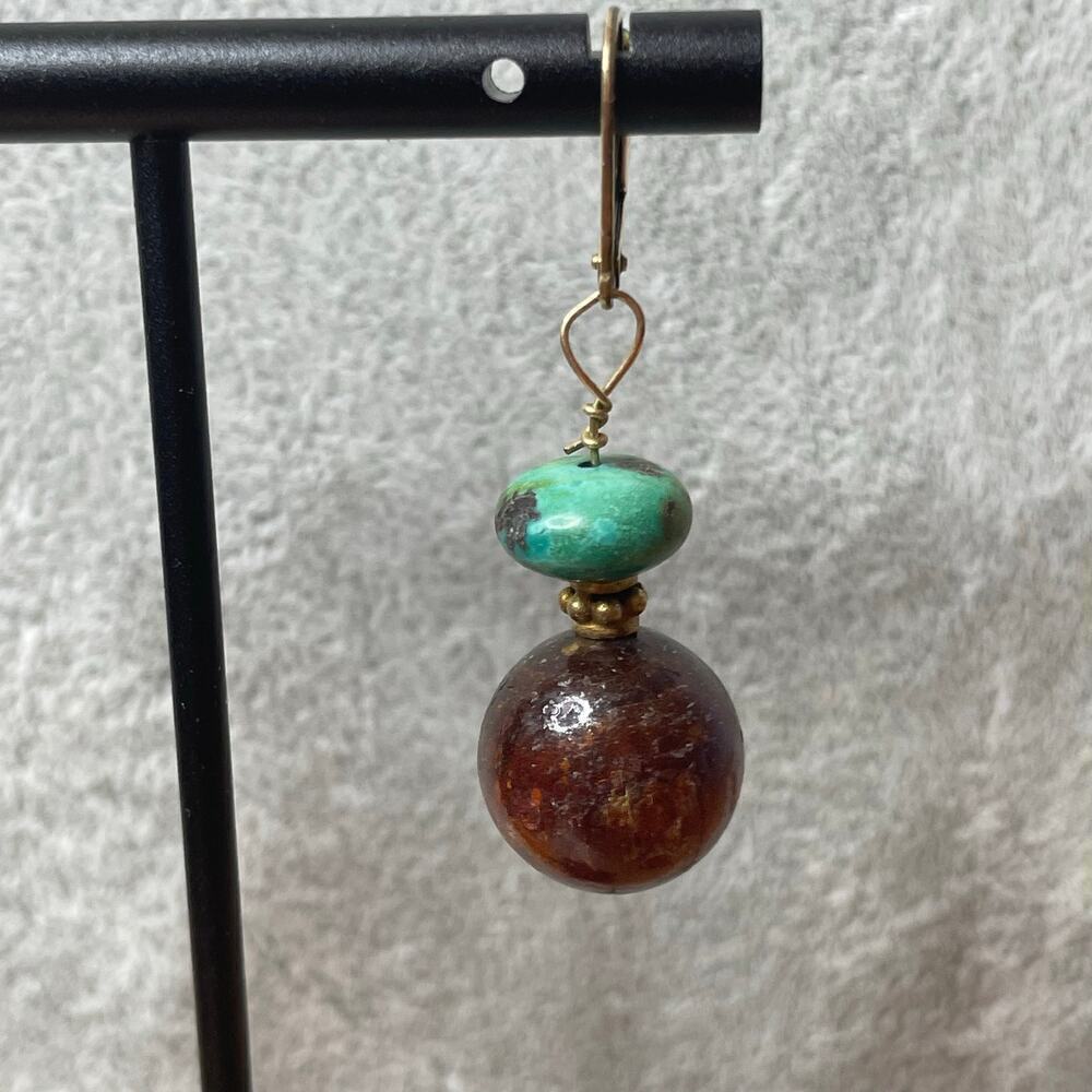 Handmade brown and turquoise bead gold drop dangle earrings - Picture 3 of 5